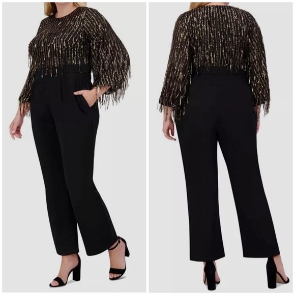 Eliza J Sequin Fringe Long Sleeve Jumpsuit Black 8 Evening Black Tie - Picture 2 of 14